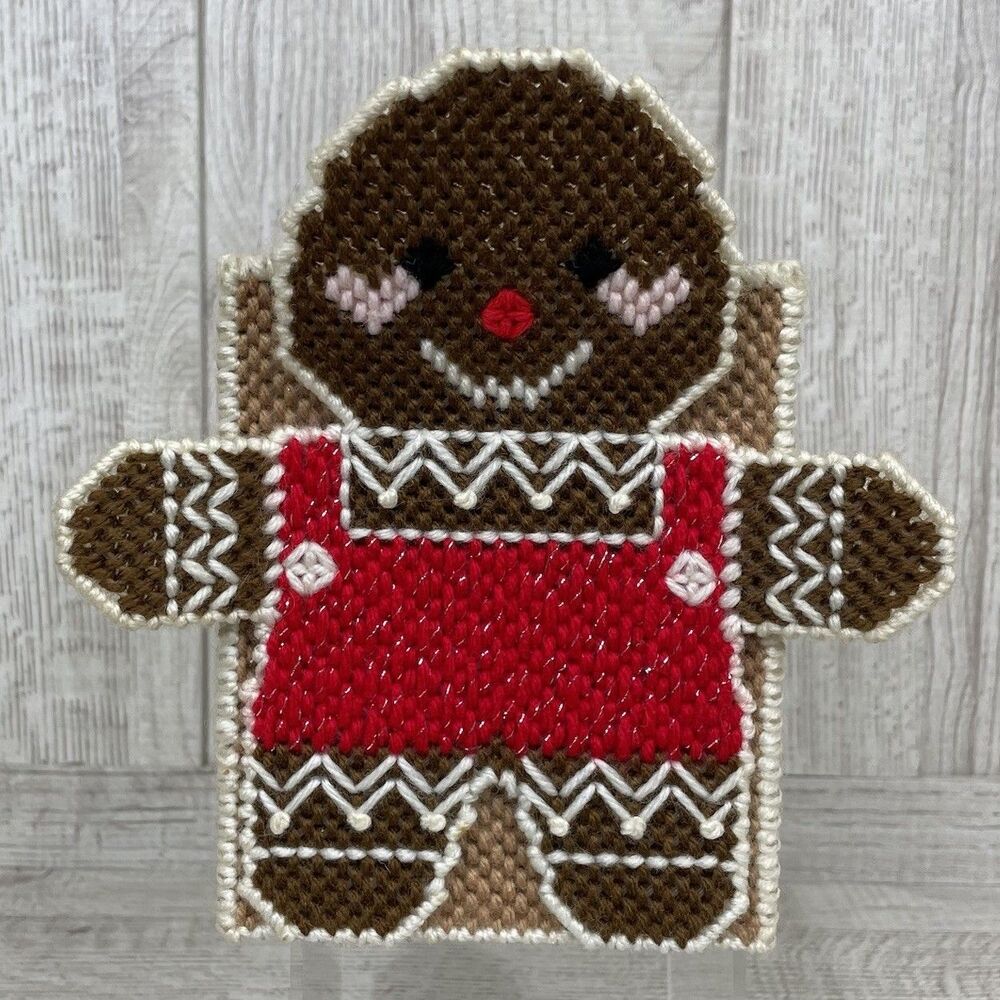 Vtg Hand Made Needlepoint Christmas Gingerbread Man Tissue Box Container GUC